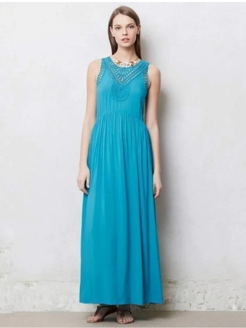 Anthropologie Mermaid Label Teal Crochet-Detail Sleeveless Maxi Dress DAMAGED
